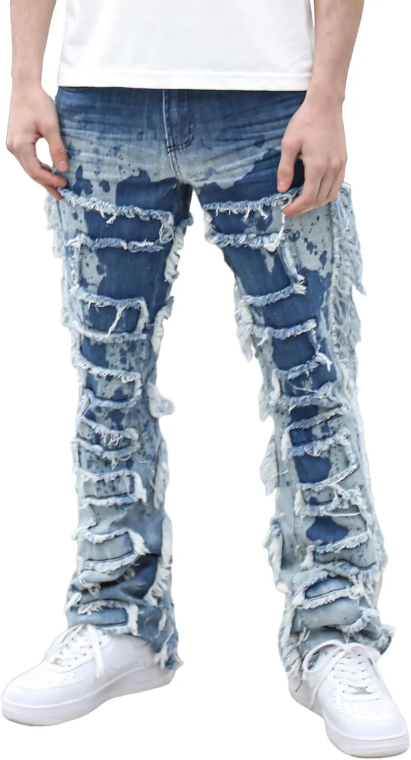 Men's Ripped Bootcut Jeans Slim Fit Bell Bottom Jeans for Men 70s Ripped Flared Denim Pants Stacked