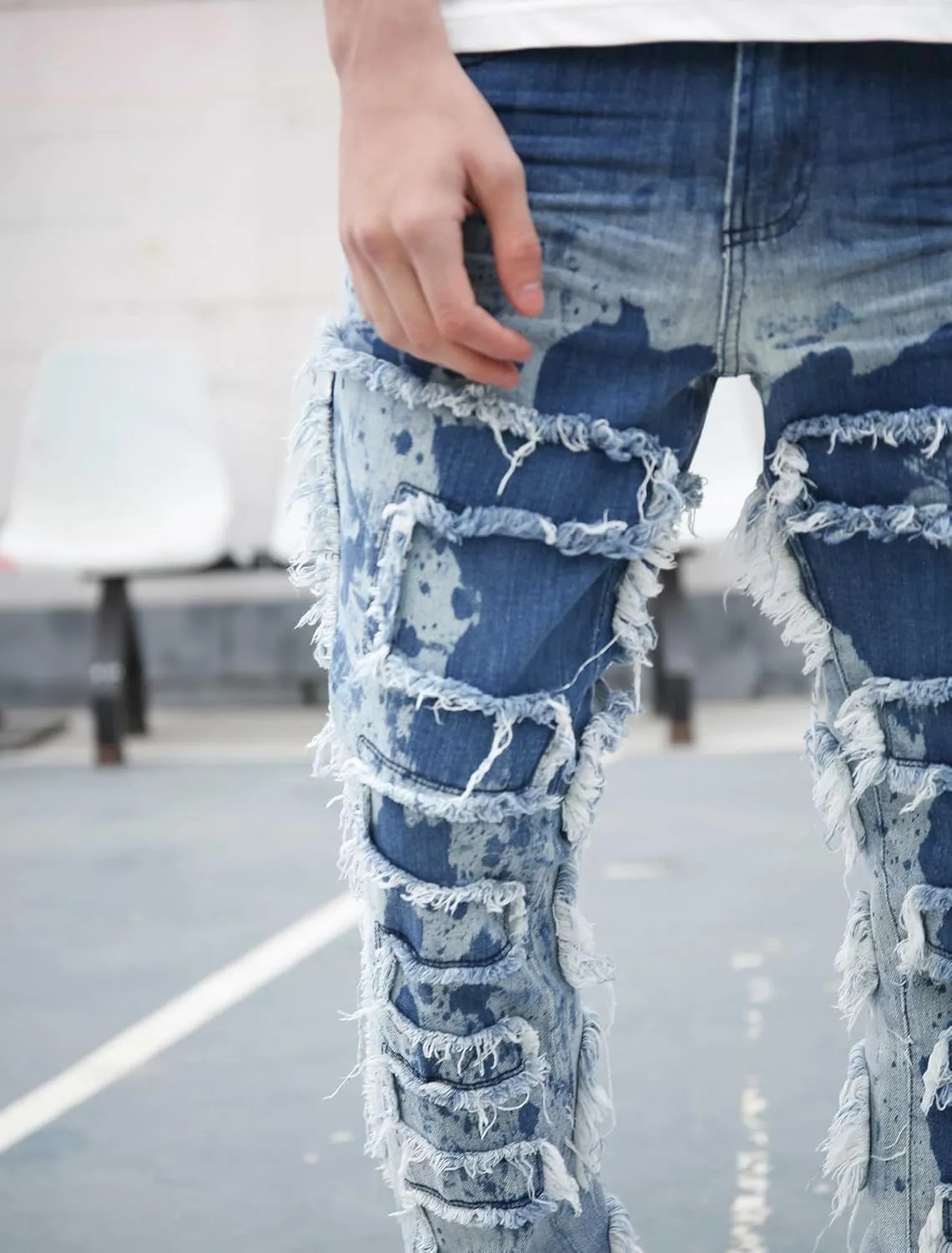 Men's Ripped Bootcut Jeans Slim Fit Bell Bottom Jeans for Men 70s Ripped Flared Denim Pants Stacked