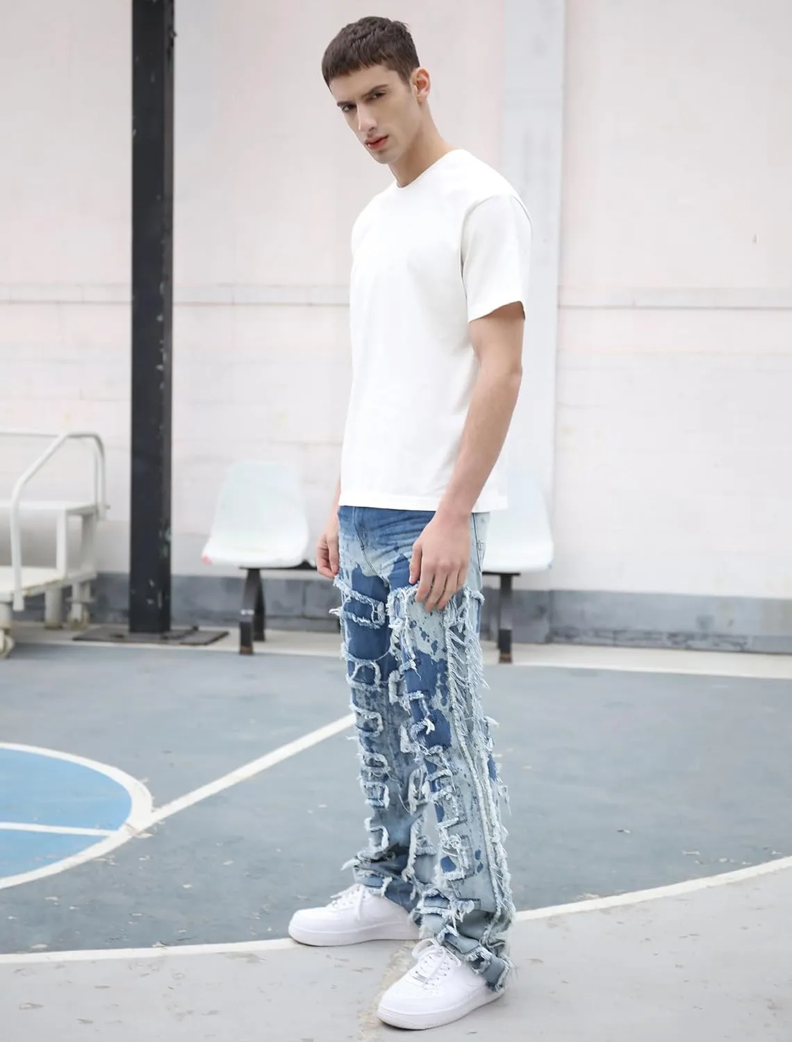 Men's Ripped Bootcut Jeans Slim Fit Bell Bottom Jeans for Men 70s Ripped Flared Denim Pants Stacked