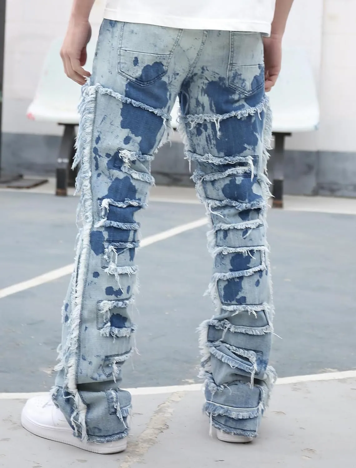 Men's Ripped Bootcut Jeans Slim Fit Bell Bottom Jeans for Men 70s Ripped Flared Denim Pants Stacked