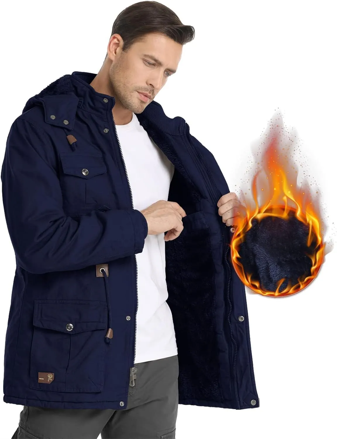 Men's Winter Jacket Military Jacket Fleece Lined Warm Cargo Jackets Removable Hood Cotton Work Coat