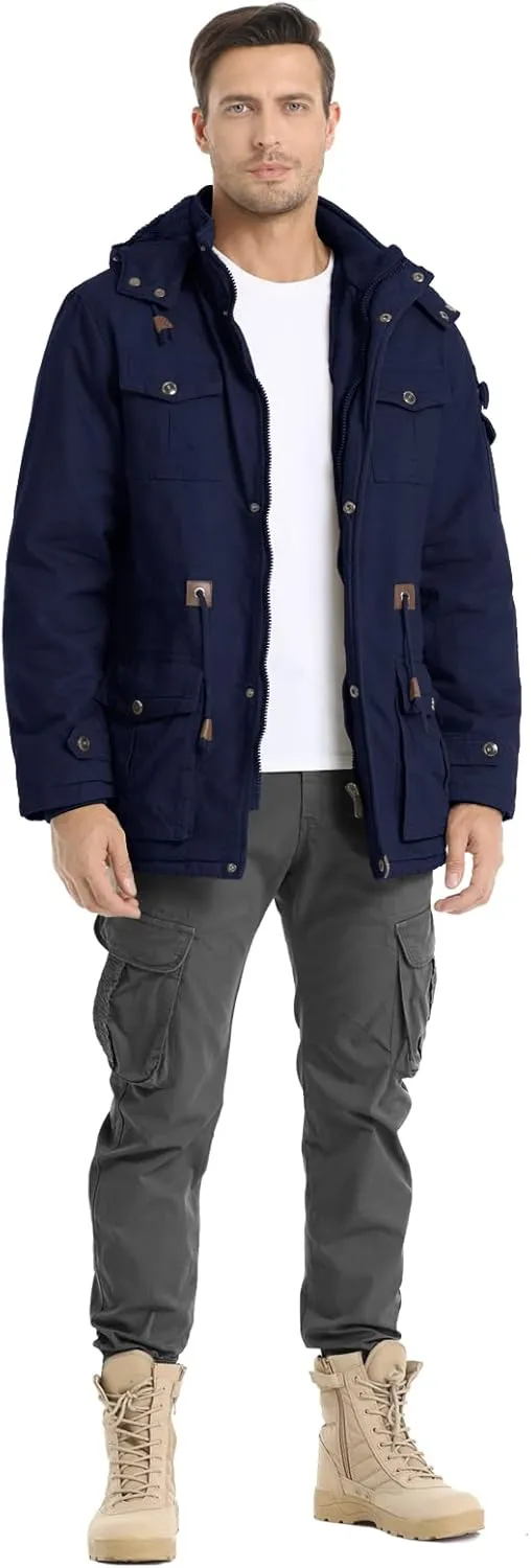 Men's Winter Jacket Military Jacket Fleece Lined Warm Cargo Jackets Removable Hood Cotton Work Coat