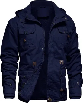 Men's Winter Jacket Military Jacket Fleece Lined Warm Cargo Jackets Removable Hood Cotton Work Coat