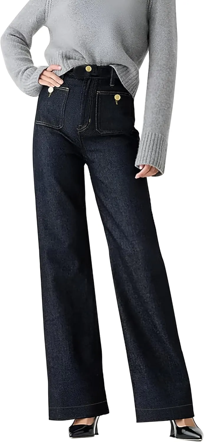 Oprah's Favorite Jeans Baggy Jeans High Waisted Wide Leg Straight Stretchy Denim Pants with Patch Pockets