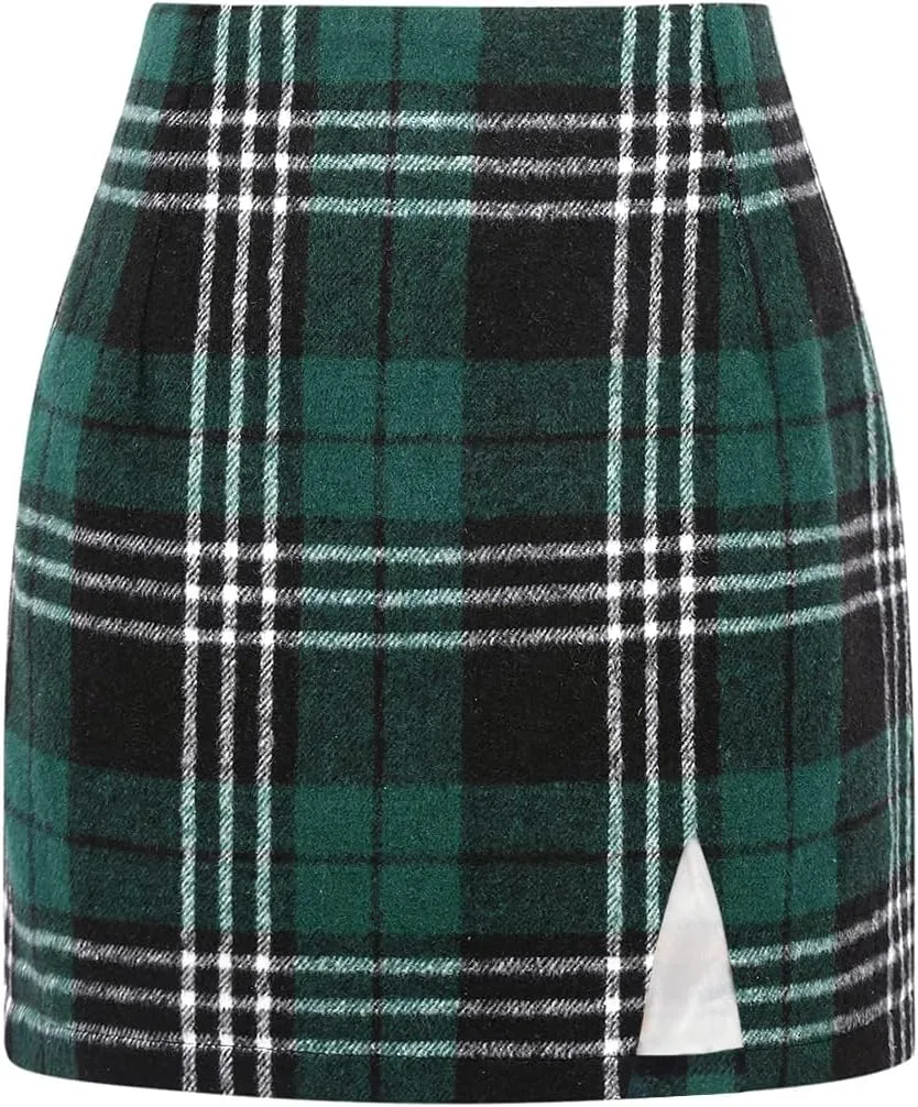 Plaid Mini Skirts for Womens High Waisted Fall Winter Wool Bodycon Pencil Skirts with Slit