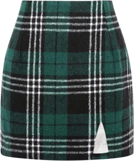 Plaid Mini Skirts for Womens High Waisted Fall Winter Wool Bodycon Pencil Skirts with Slit