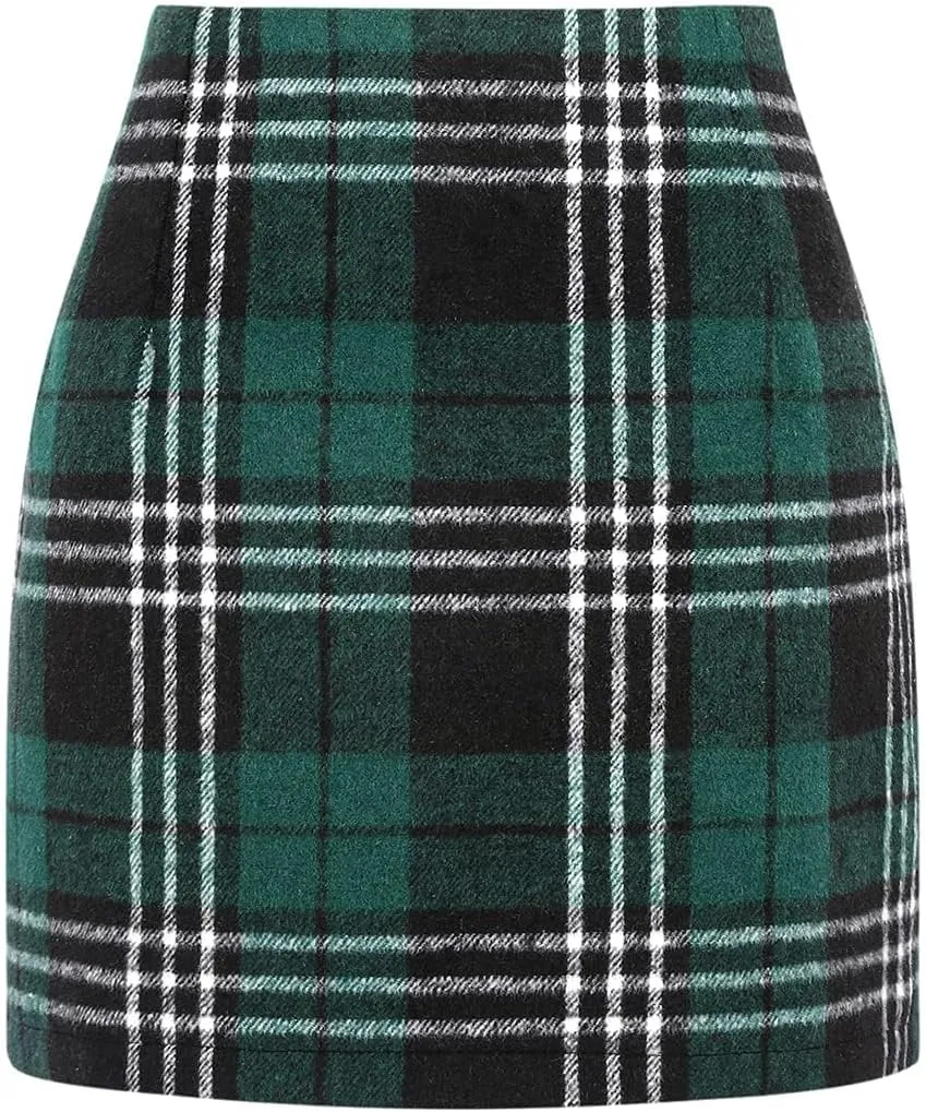 Plaid Mini Skirts for Womens High Waisted Fall Winter Wool Bodycon Pencil Skirts with Slit