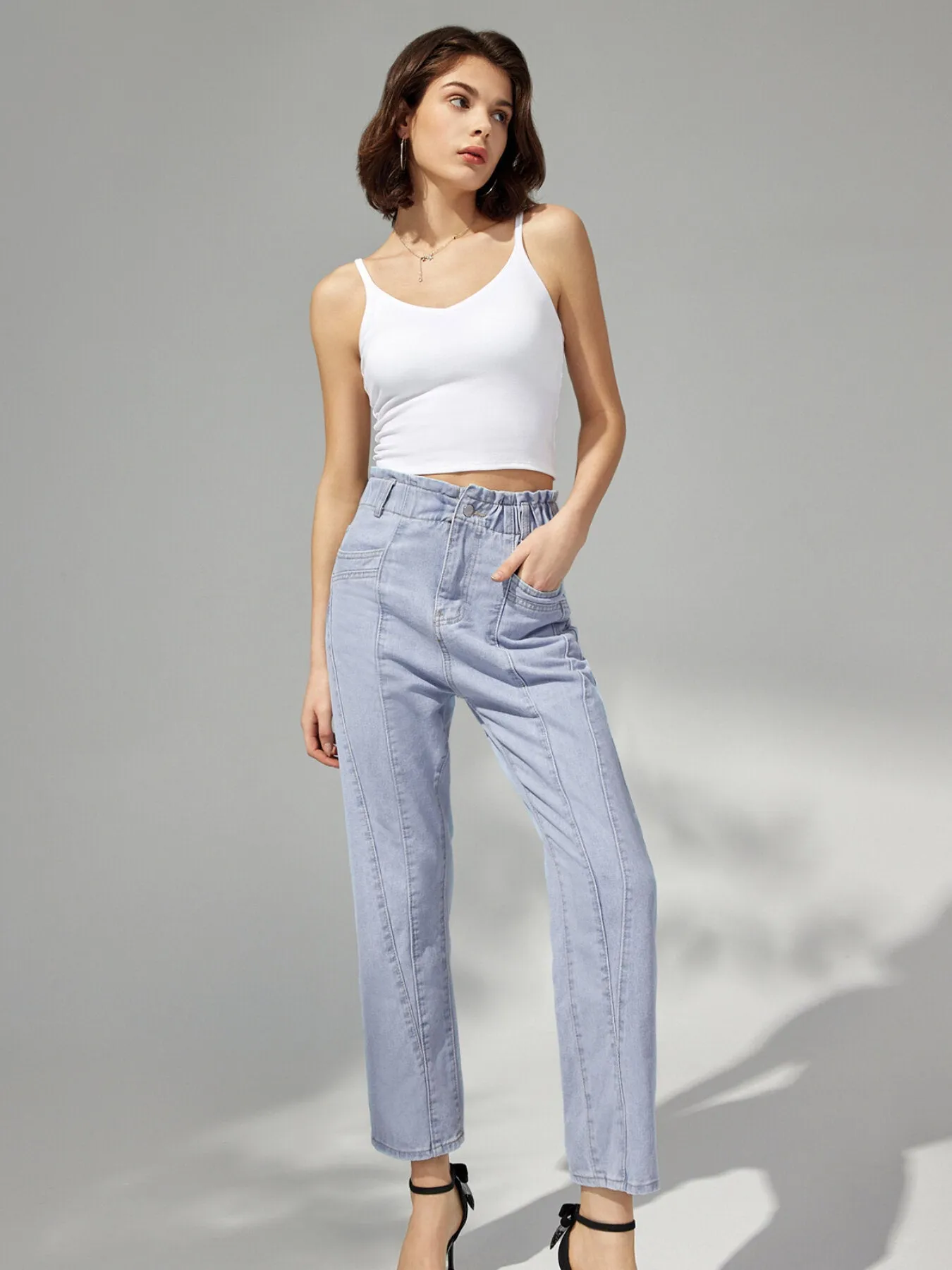 Plain Button Pocket Straight Leg Jeans