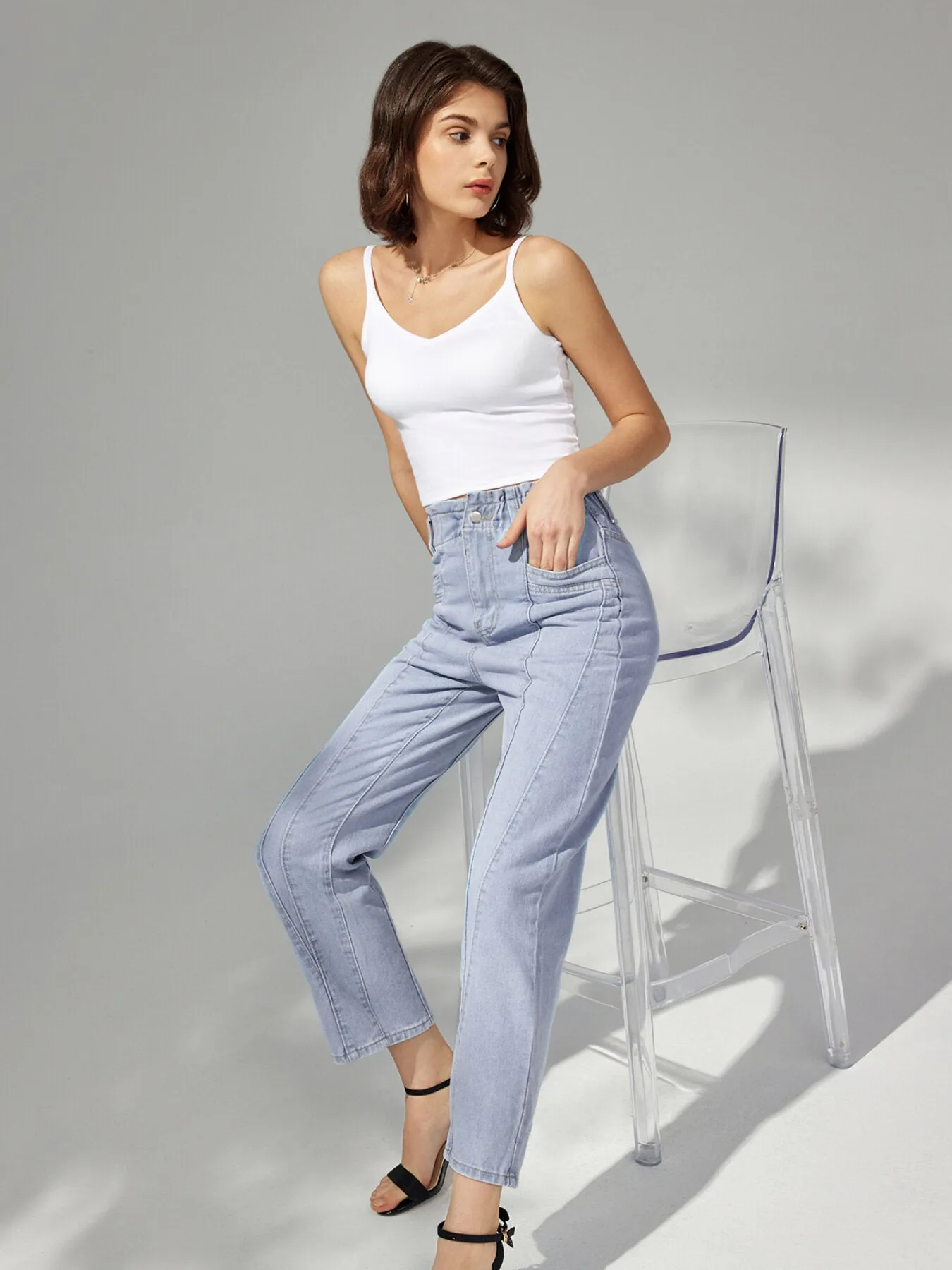 Plain Button Pocket Straight Leg Jeans