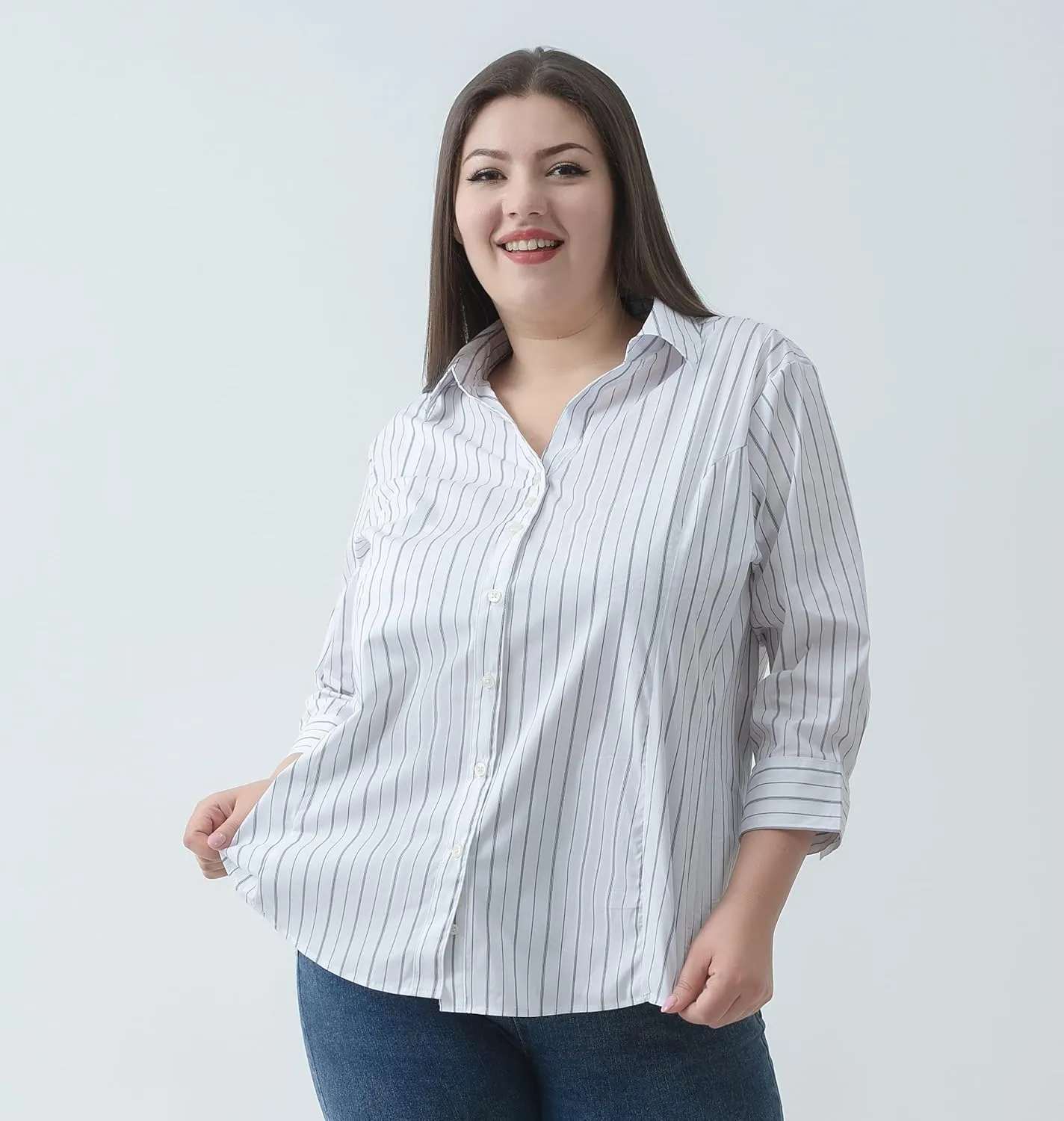 Plus Size 3/4 Sleeve Shirts for Women Button Down Shirts V Neck Women Blouses Tops Business Casual Stretch Shirts