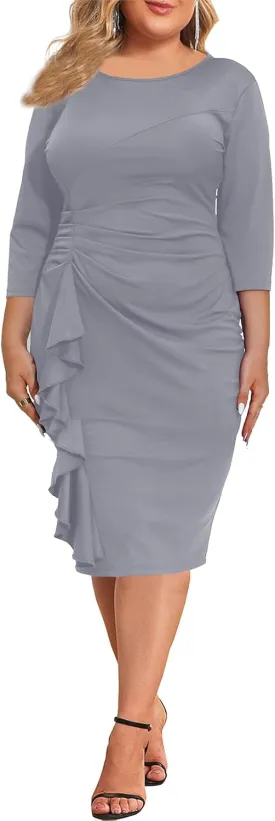 Plus Size Dresses for Women 3/4 Sleeve Bodycon Ruffle Vintage Midi Pencil Dress