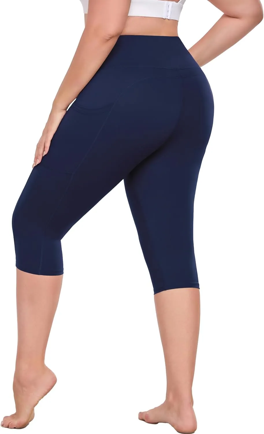 Plus Size Leggings with Pockets Knee Length, L-5XL Capri Yoga Pants High Waisted, Tummy Control Workout Leggings