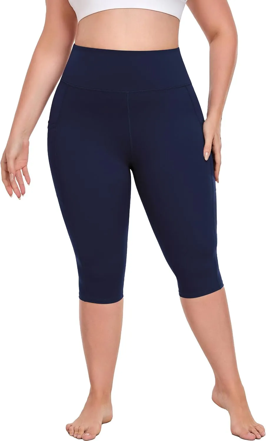 Plus Size Leggings with Pockets Knee Length, L-5XL Capri Yoga Pants High Waisted, Tummy Control Workout Leggings