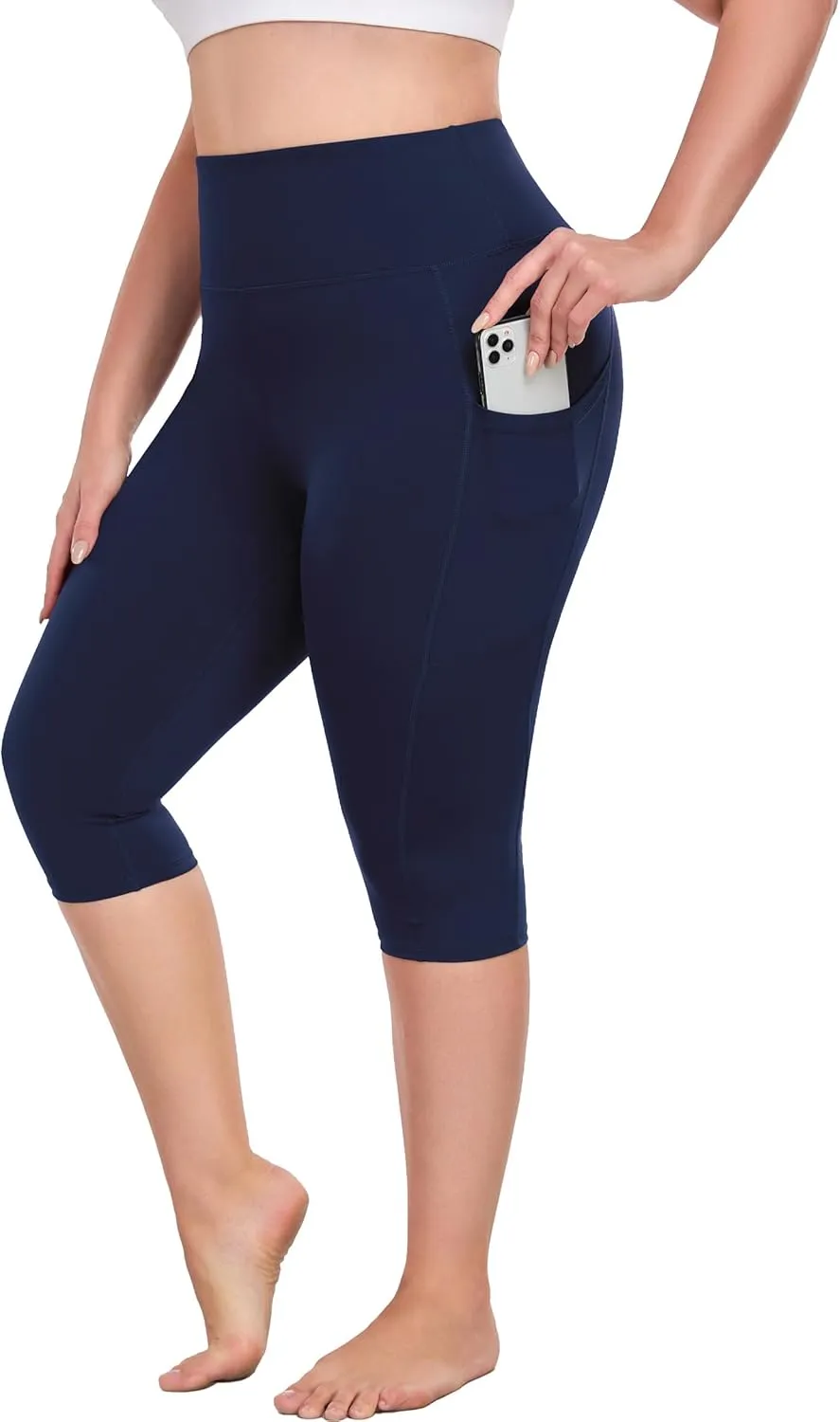 Plus Size Leggings with Pockets Knee Length, L-5XL Capri Yoga Pants High Waisted, Tummy Control Workout Leggings