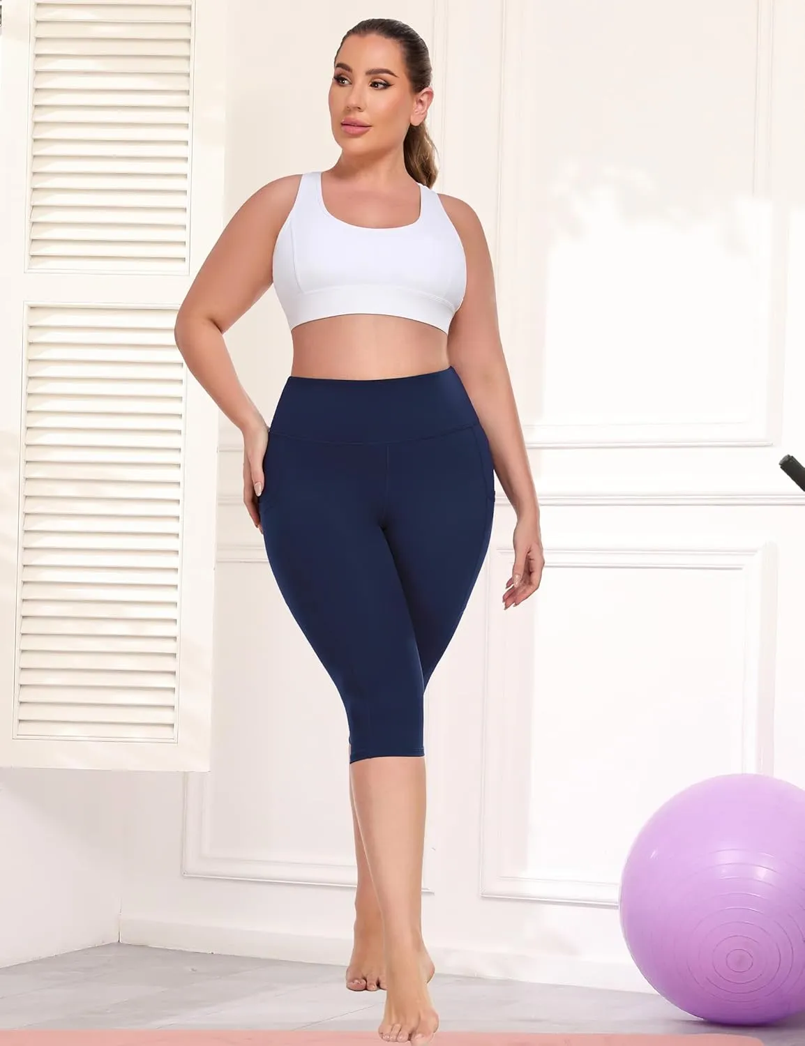 Plus Size Leggings with Pockets Knee Length, L-5XL Capri Yoga Pants High Waisted, Tummy Control Workout Leggings