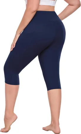Plus Size Leggings with Pockets Knee Length, L-5XL Capri Yoga Pants High Waisted, Tummy Control Workout Leggings
