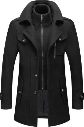 PRIJOUHE Men's Wool Blend Jacket Single Breasted Slim Fit Thick Winter Windproof Pea Coat with Removable Scarf