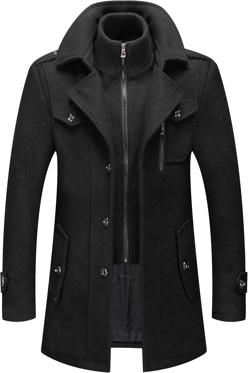 PRIJOUHE Men's Wool Blend Jacket Single Breasted Slim Fit Thick Winter Windproof Pea Coat with Removable Scarf