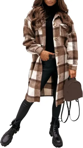 PUWEI Women's Long Flannel Plaid Jacket Shacket Cozy Lapel Button Down Shirt Jacket Fuzzy Trench Coat