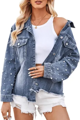 RINTONIX Womens Long Sleeve Button Down Pearl Beading Distressed Cropped Denim Jacket Frayed Raw Hem Pearl Jean Jacket