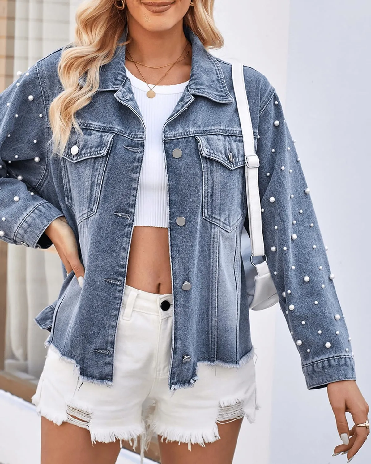 RINTONIX Womens Long Sleeve Button Down Pearl Beading Distressed Cropped Denim Jacket Frayed Raw Hem Pearl Jean Jacket