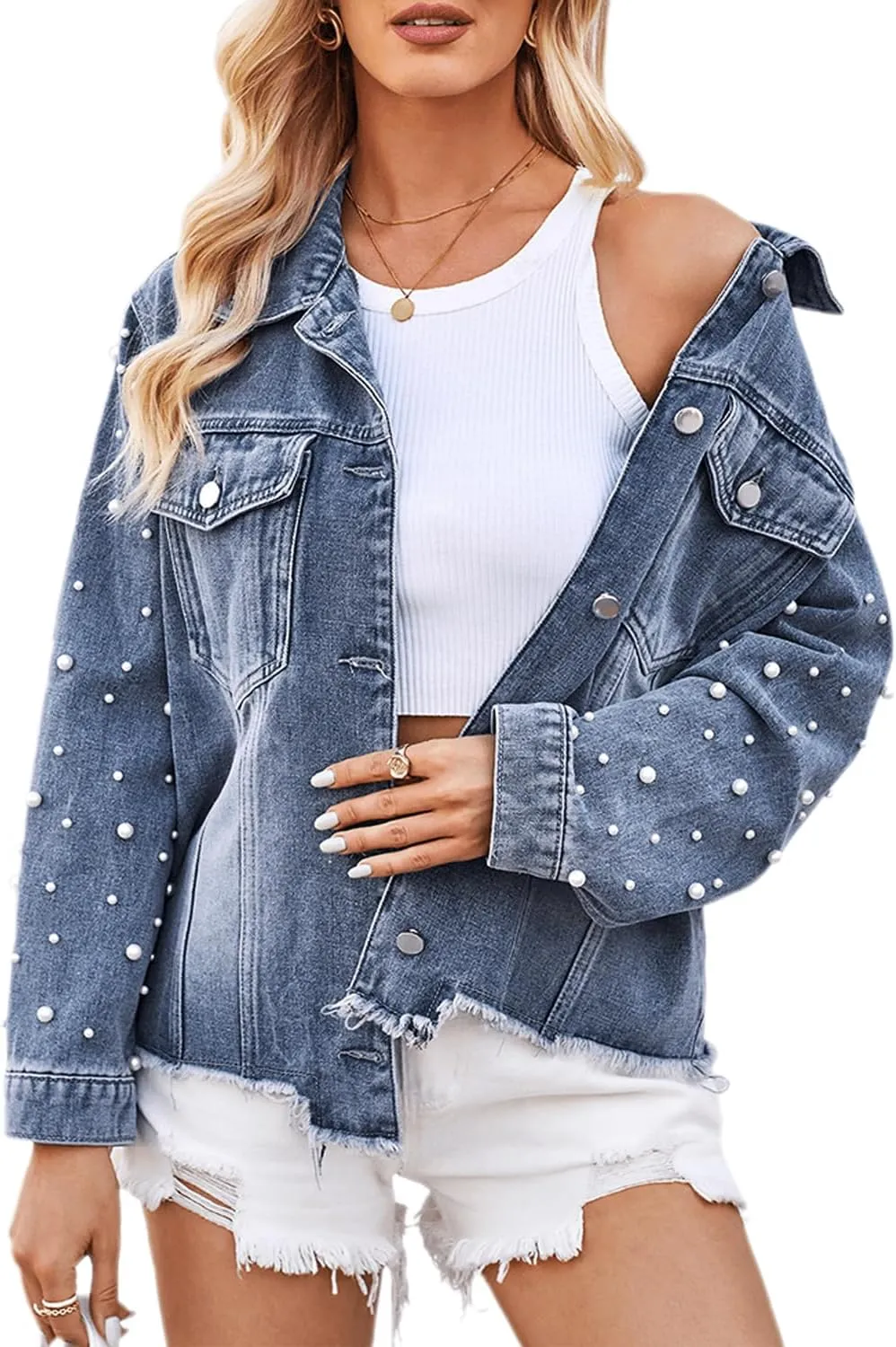 RINTONIX Womens Long Sleeve Button Down Pearl Beading Distressed Cropped Denim Jacket Frayed Raw Hem Pearl Jean Jacket