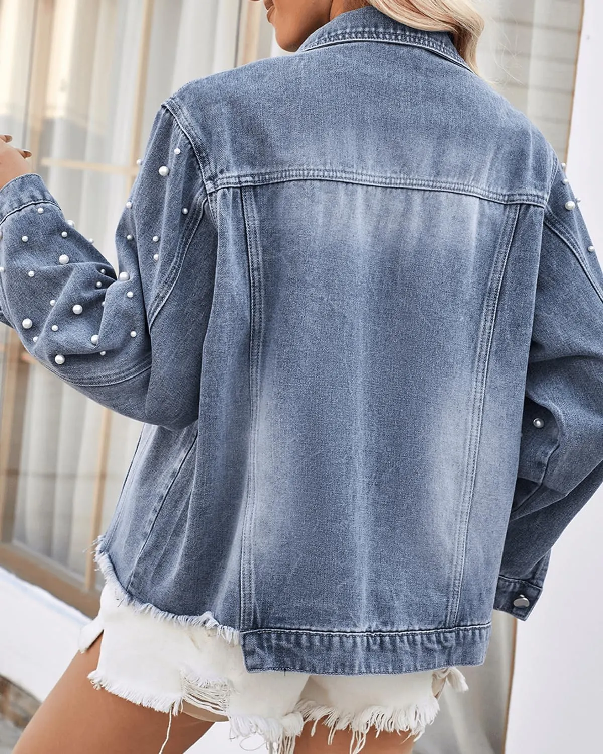 RINTONIX Womens Long Sleeve Button Down Pearl Beading Distressed Cropped Denim Jacket Frayed Raw Hem Pearl Jean Jacket