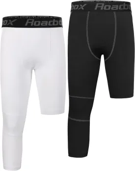 Roadbox Boys One Leg Compression Pants, 2Pack 3/4 Athletic Basketball Leggings, Youth Sports Baselayer Tights