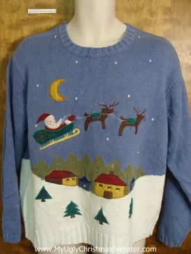 Santa Soaring Over Xmas Village Tacky Xmas Sweater