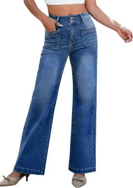 Sidefeel Women's Wide Leg Jeans High Waisted Tummy Control Stretchy Pockets Front Straight Leg Jeans