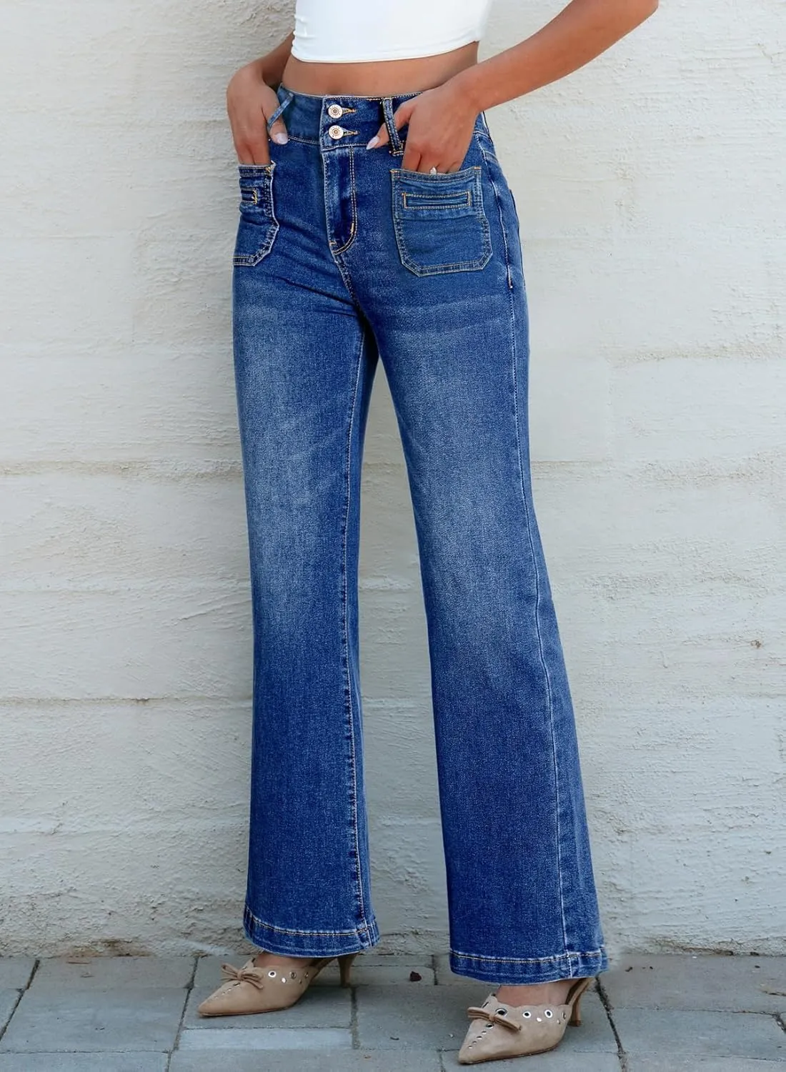 Sidefeel Women's Wide Leg Jeans High Waisted Tummy Control Stretchy Pockets Front Straight Leg Jeans