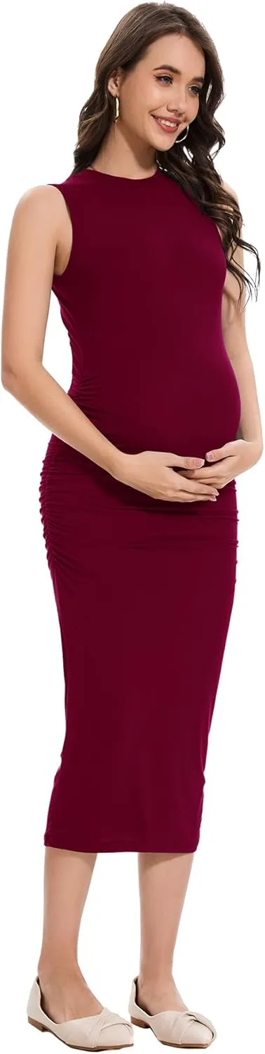 Smallshow Women's Maternity Midi Dress Crew Neck Sleeveless Pregnancy Clothes