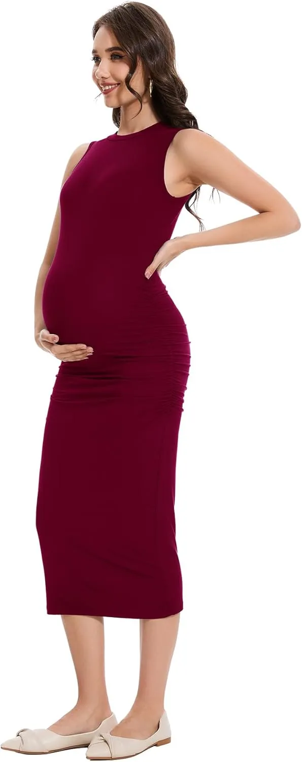 Smallshow Women's Maternity Midi Dress Crew Neck Sleeveless Pregnancy Clothes