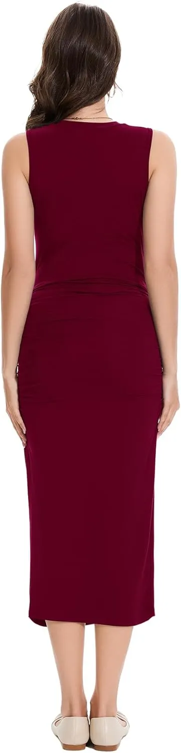 Smallshow Women's Maternity Midi Dress Crew Neck Sleeveless Pregnancy Clothes