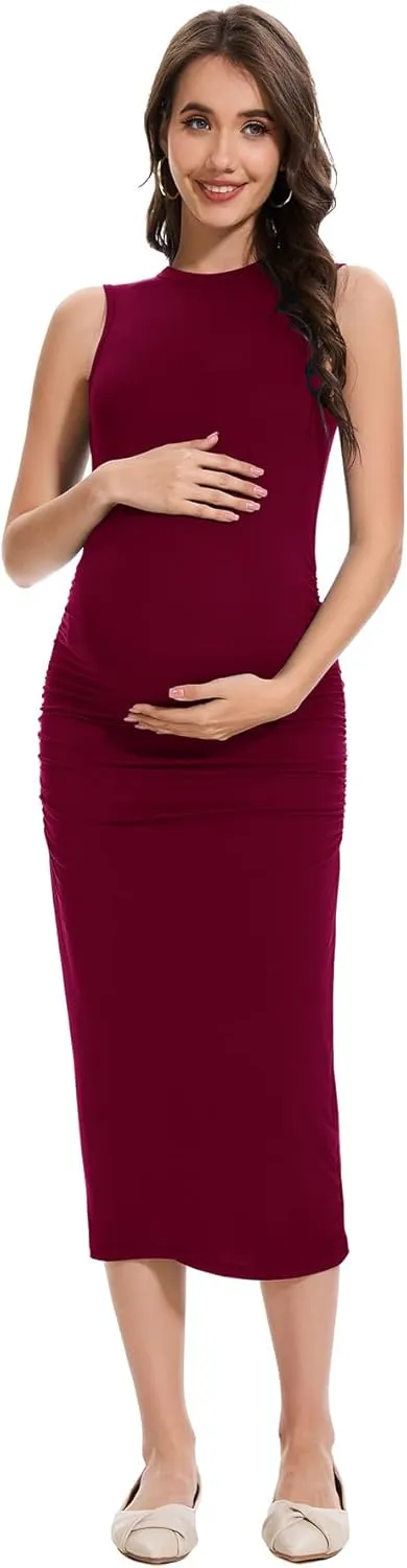 Smallshow Women's Maternity Midi Dress Crew Neck Sleeveless Pregnancy Clothes