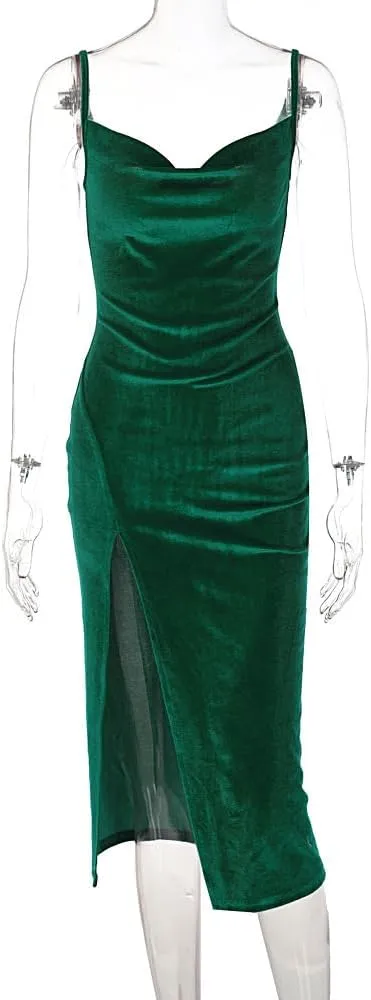 TICBRY Women's Sexy Velvet Spaghetti Straps Drawstring Bodycon Party Club Dress
