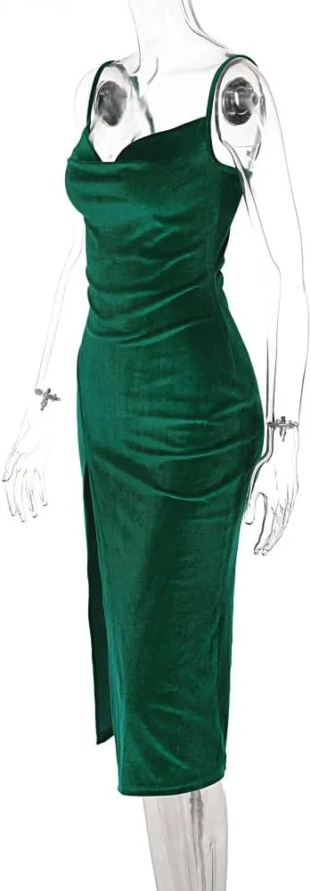 TICBRY Women's Sexy Velvet Spaghetti Straps Drawstring Bodycon Party Club Dress