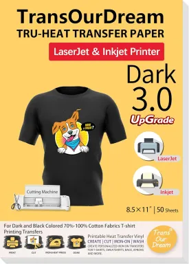 TransOurDream Heat Transfer Paper for Dark Fabric (50 Sheets, 8.5x11", Dark 3.0) Printable Iron on Transfers for Inkjet & Laserjet Printer, Printable Heat Transfer Vinyl for Tshirts (D3-50)