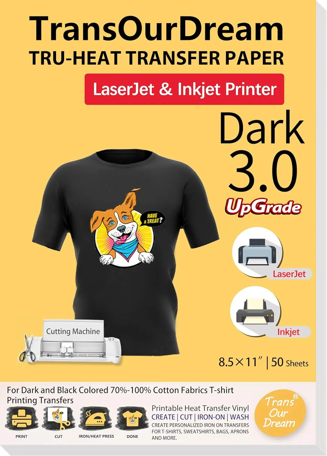 TransOurDream Heat Transfer Paper for Dark Fabric (50 Sheets, 8.5x11", Dark 3.0) Printable Iron on Transfers for Inkjet & Laserjet Printer, Printable Heat Transfer Vinyl for Tshirts (D3-50)