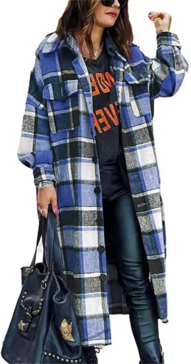 Wankang Long Flannel Jacket Women Oversized Lapel Button Up Long Sleeve Plaid Shirt Jacket Shacket Casual Tartan Trench Coat