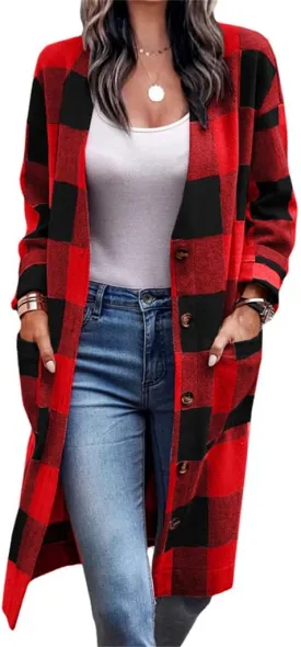 Wankang Long Flannel Jacket Women Oversized Lapel Button Up Long Sleeve Plaid Shirt Jacket Shacket Casual Tartan Trench Coat