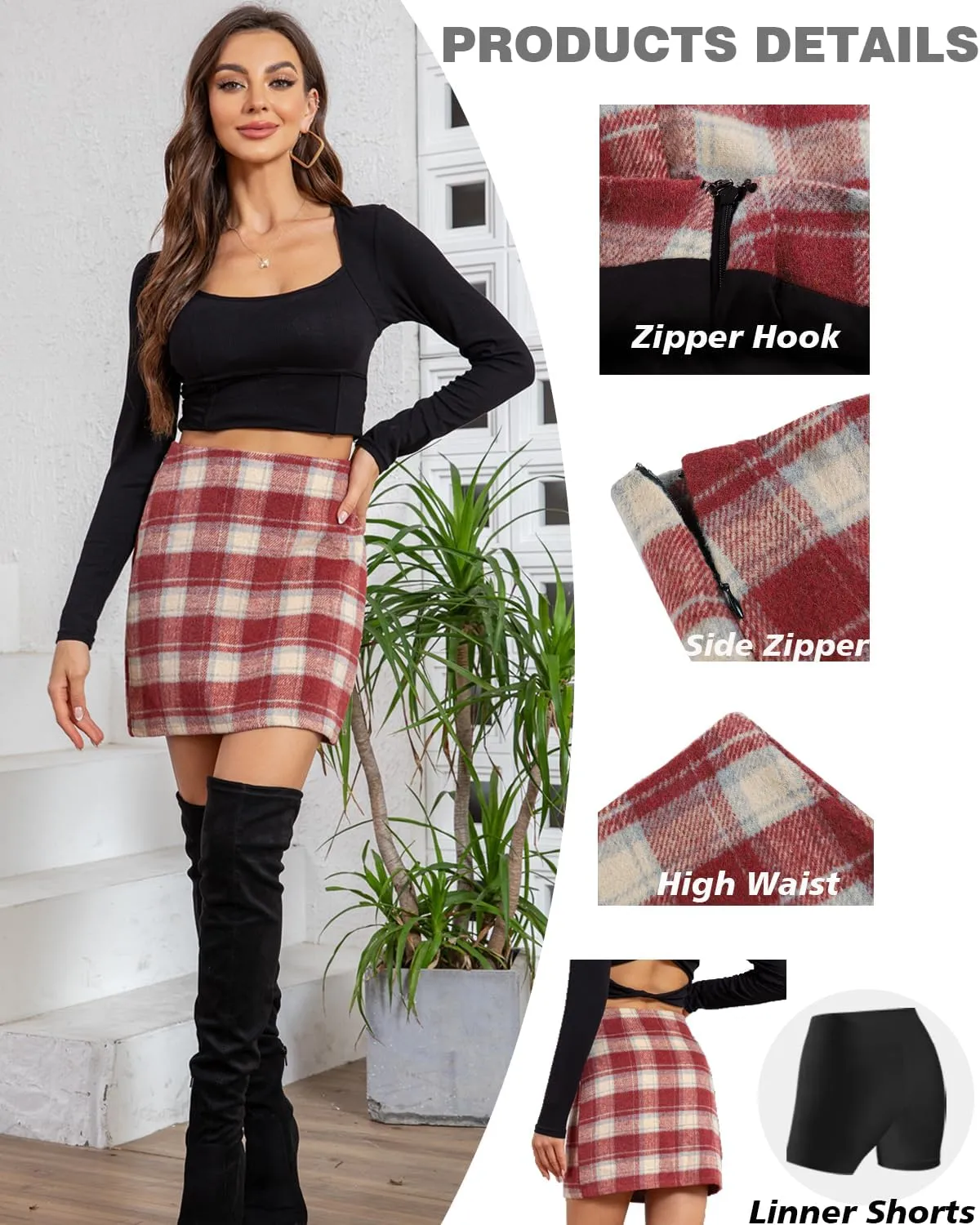 We1Fit Womens Plaid Skirts High Waist Wool Bodycon Pencil Mini Fall Skirt with Shorts