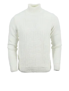 White Men's Greek Key Turtleneck Sweaters Light Blend Slim Fit