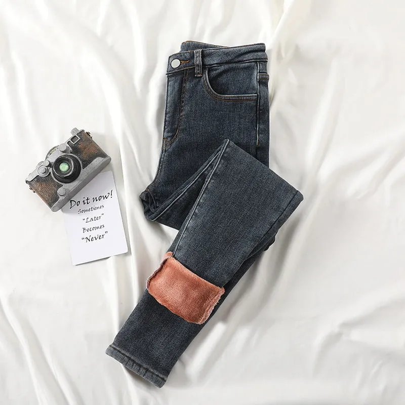 Wjczt Warm Pants for Women Harem Mom Jeans High Waist Denim Streetwear 2021 Korean Fashion Autumn Winter Fleece Womens Jeans