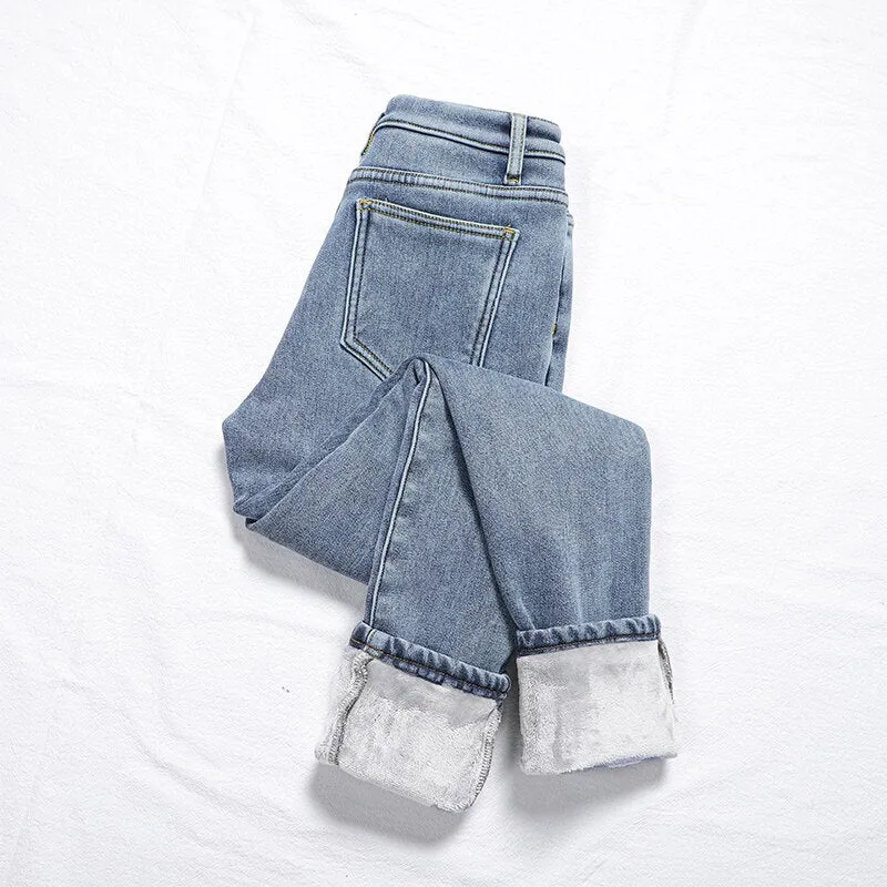 Wjczt Warm Pants for Women Harem Mom Jeans High Waist Denim Streetwear 2021 Korean Fashion Autumn Winter Fleece Womens Jeans