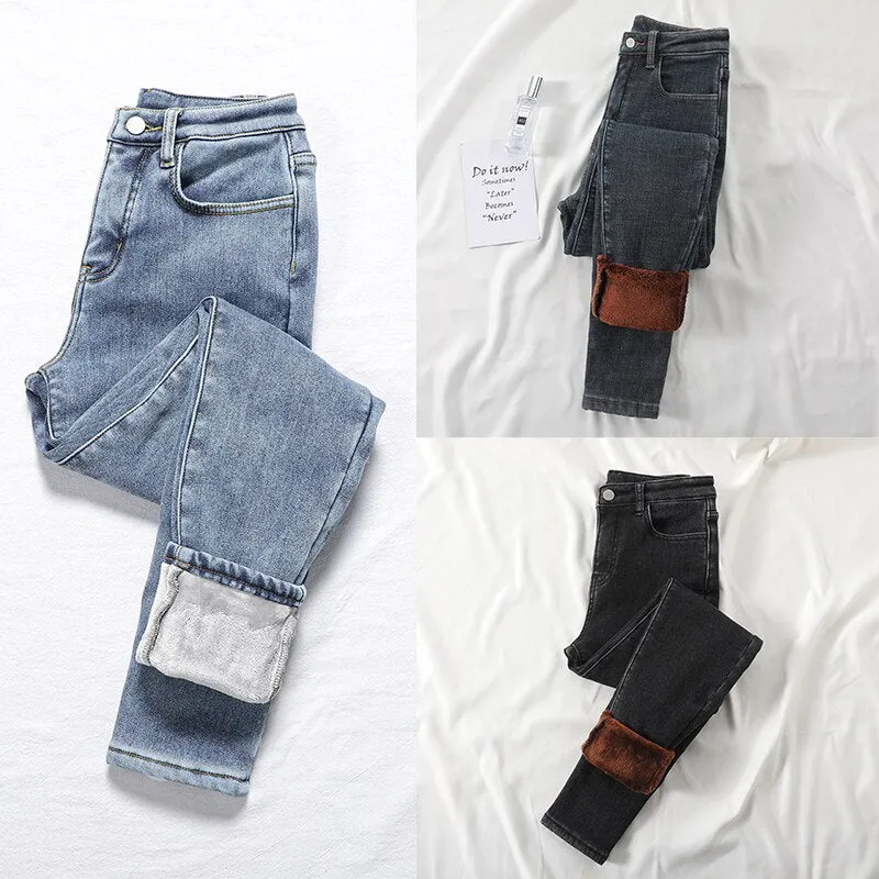 Wjczt Warm Pants for Women Harem Mom Jeans High Waist Denim Streetwear 2021 Korean Fashion Autumn Winter Fleece Womens Jeans