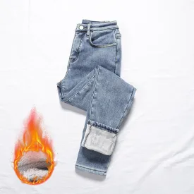 Wjczt Warm Pants for Women Harem Mom Jeans High Waist Denim Streetwear 2021 Korean Fashion Autumn Winter Fleece Womens Jeans