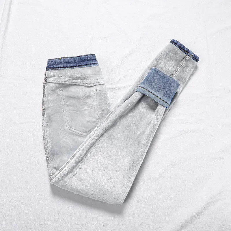 Wjczt Warm Pants for Women Harem Mom Jeans High Waist Denim Streetwear 2021 Korean Fashion Autumn Winter Fleece Womens Jeans
