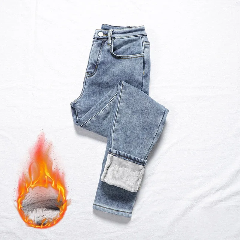 Wjczt Warm Pants for Women Harem Mom Jeans High Waist Denim Streetwear 2021 Korean Fashion Autumn Winter Fleece Womens Jeans