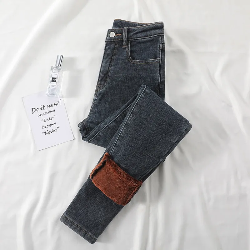 Wjczt Warm Pants for Women Harem Mom Jeans High Waist Denim Streetwear 2021 Korean Fashion Autumn Winter Fleece Womens Jeans